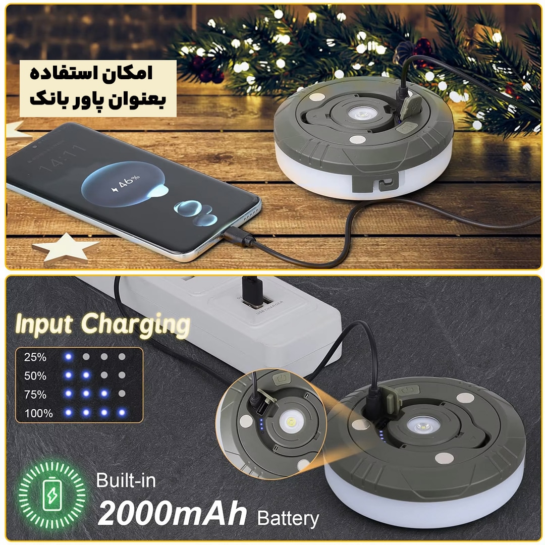 چراغ و ریسه شارژی کمپینگ پاور بانک دار 8 چراغ و ریسه شارژی کمپینگ پاور بانک دار